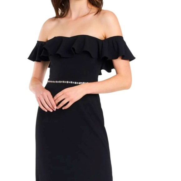 Women’s Formal Dress Size 10 MSK Black Ruffled Off Shoulder Beaded Waistline - Picture 3 of 8